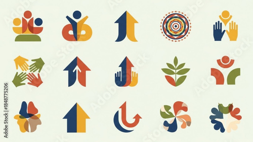 Collection of 16 vibrant business and community symbols featuring arrows, people, hands, and plants in blue, orange, green, and yellow on cream background