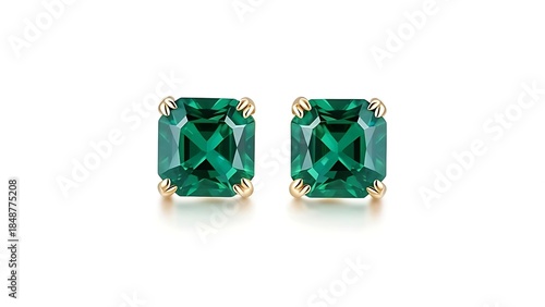 Two square-cut, vibrant green gemstones set in gold studs sit centered on a white background, mirroring each other