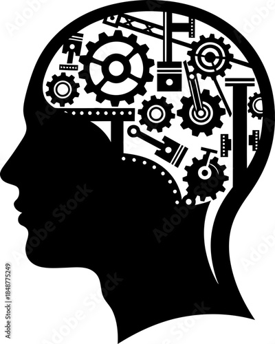 Human head silhouette with intricate gears and cogs inside, representing logical thinking and complex thought process concept. Vector illustration