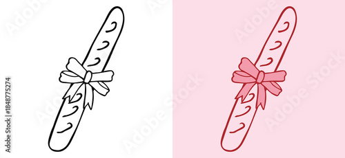 Vector illustration of a French baguette bread with a coquette decorative ribbon bow. Set includes hand drawn line art and pink toned versions for bakery and cafe branding.