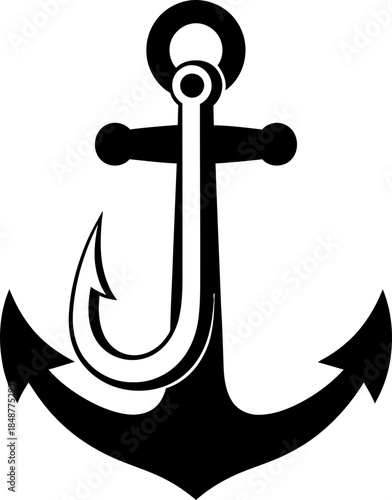 Fishing hook and anchor combining nautical and fishing concepts. Vector icon for logo, tattoo, t-shirt
