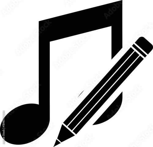 Music note with a pencil pen for writing and composing song or sound. Flat style. Vector icon for app, web or print