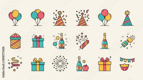 Vibrant birthday celebration icons set with colorful balloons, party hats, gifts, and festive decorations