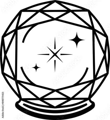 Crystal ball icon with shining stars, a symbol of fortune telling, prophecy and future, designed in outline style. Vector illustration