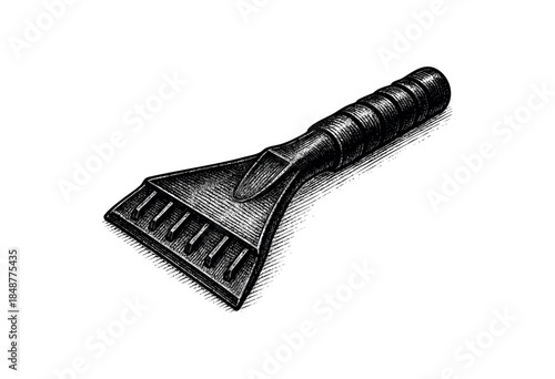 A detailed black and white engraving style illustration of a plastic ice scraper with a ridged handle, isolated on a white background.