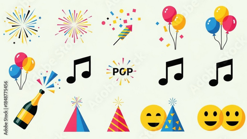 Colorful party icons including balloons, fireworks, music notes, and emojis on a cream background for celebration and fun