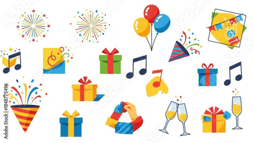 Colorful birthday celebration icons with gifts, music notes, balloons, and festive decorations on white background