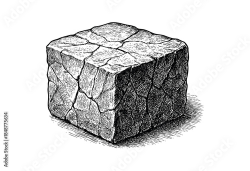 A detailed ink drawing of a cube made of cracked stone, rendered with crosshatching and stippling, creating a textured and aged appearance on a white background.