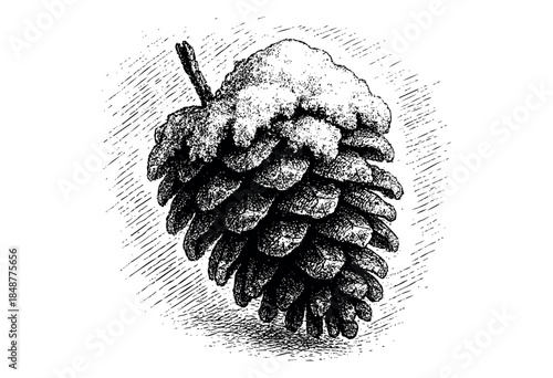 A detailed black and white etching of a pinecone lightly dusted with snow, set against a textured background, evoking a wintery, natural mood.