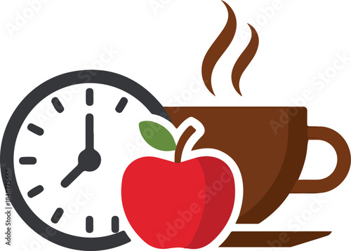 Vector Graphic Illustration of Breakfast Time Concept with Clock, and Coffee Bag