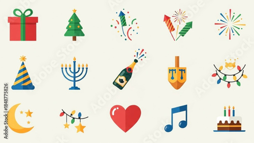 Collection of colorful holiday icons including christmas tree, menorah, gift, fireworks, and festive symbols