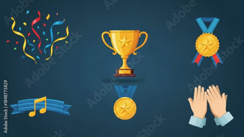 Vibrant digital illustration of celebratory icons including colorful confetti, a shining gold trophy, medals, applause, and musical notes on a dark blue background