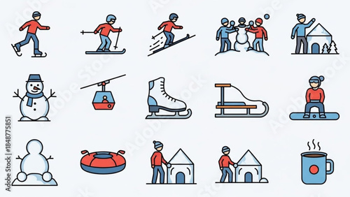 Winter sports and activities icons including skiing, snowman, ice skating, sledding, and hot chocolate on a white background