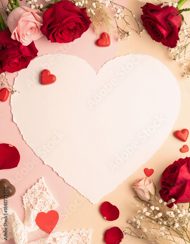 Romantic Heart Frame Mockup Surrounded by Roses Petals and Lace Valentine's Theme