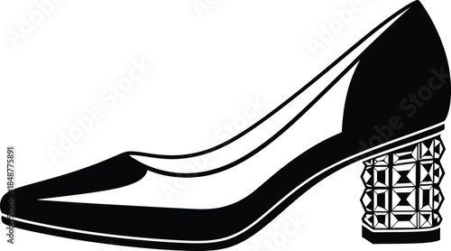 Black silhouette of an elegant women's high heel pump shoe featuring a unique decorative textured block heel isolated on a white background for fashion design.