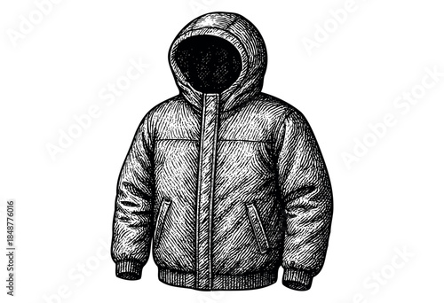 Detailed black and white line art sketch of a hooded puffer jacket, presented in a classic engraving style against a clean white background.