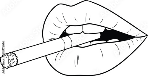 A black and white illustration of a cigarette between lips