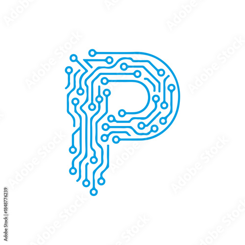 A vector icon of the letter 'P' designed with blue electronic circuit lines, symbolizing a powerful processor, programming, and digital technology. Ready in PNG, JPG, and editable EPS formats.