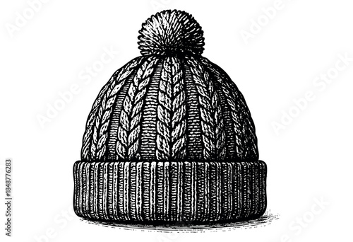 A detailed, black and white vintage illustration of a knitted beanie with a pom-pom on top against a plain white background.