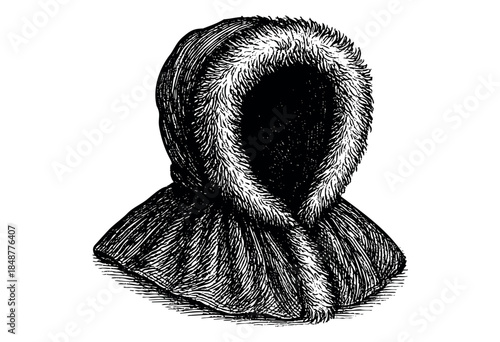 Black and white ink sketch of a hooded garment lined with fur, creating a vintage and textured illustration suitable for historical or winter fashion themes.