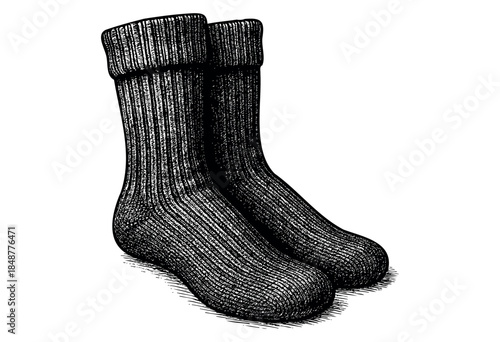 Detailed black and white line drawing illustration of a pair of thick, ribbed wool socks on a white background, perfect for concepts of winter, warmth, or fashion.