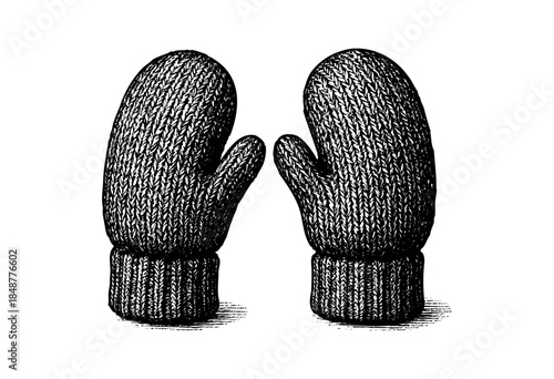 A vintage-style illustration of a pair of dark knitted mittens is presented on a clean white background, perfect for winter or cozy themes.