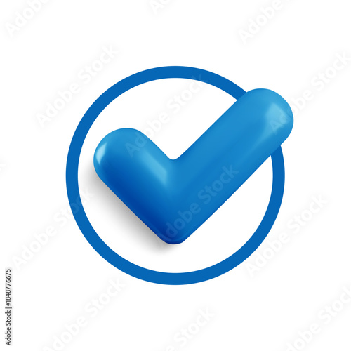 Vector realistic 3d Check mark in flat circle icon. Trendy plastic blue checkmark, select circle icon on white background. Blue round yes button. 3d render tick sign for web, app, design, game.