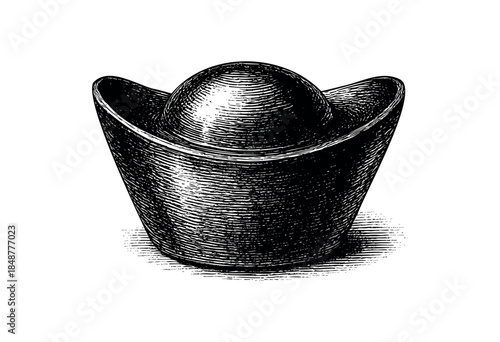 A black and white engraved illustration of an antique Chinese gold ingot, symbolizing wealth and prosperity, perfect for historical or financial concepts.