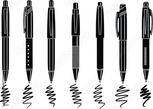 Collection of various pens with different designs and swirls