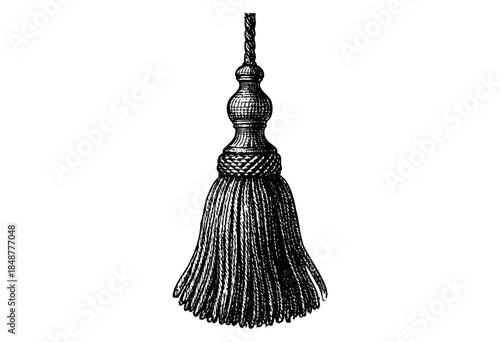 A detailed black and white illustration of an ornate vintage tassel ornament with a braided rope and decorative finial, isolated on a white background.