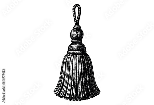 An antique black and white illustration of a detailed ornamental tassel with a looped cord, isolated on a clean white background. This image evokes a sense of classic design and craftsmanship.