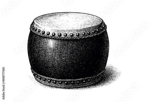 A classic black and white engraving style illustration of a traditional barrel drum with detailed textures and shading, set against a clean white background.