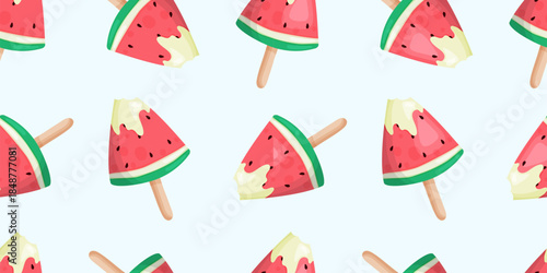 Seamless summer pattern with watermelon popsicles ice cream on light background. Ideal for fabrics, wrapping paper, packaging, and playful decorative designs