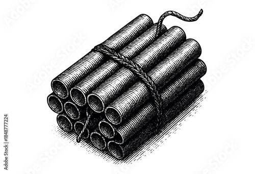 A close-up vintage illustration of a bundle of dynamite sticks bound together with rough twine, on a white background.