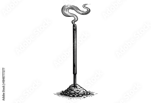 Vintage black and white illustration of an incense stick burning in soil, with wisps of smoke gracefully swirling upwards.