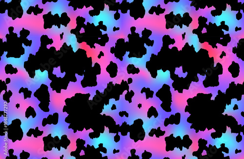 Cow rainbow gradient pattern background. Vector animal skin print, black dalmatian spots on holographic background. Natural spotted texture for textile, decor, wrapping, backdrop, wallpaper, banner.