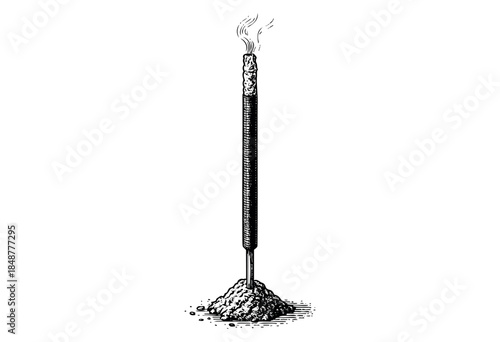A black and white etching depicts an incense stick burning and emitting wisps of smoke from a pile of ash, evoking a sense of calm and spirituality.