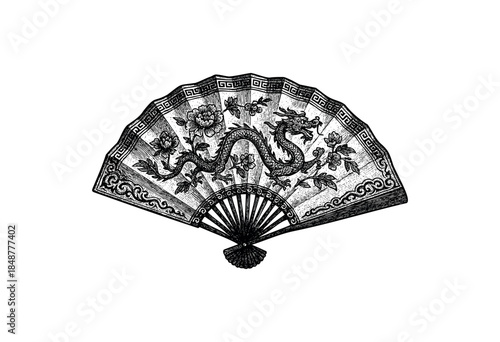An antique black and white illustration of a traditional folding fan featuring a detailed dragon motif surrounded by floral elements and a geometric border, set against a white background.