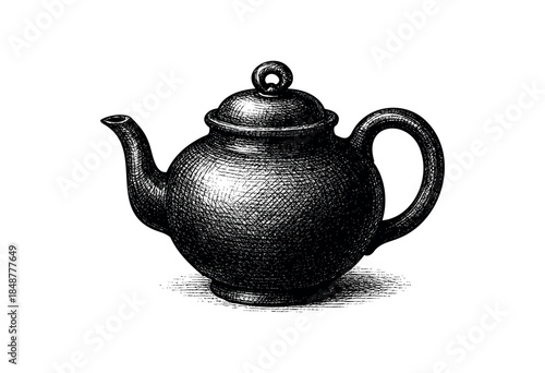A detailed black and white sketch of a vintage teapot, rendered with cross-hatching to create texture and shading, isolated on a white background.