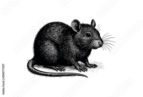 Detailed black and white illustration of a rat with textured fur and whiskers, isolated on a clean white background, perfect for educational or editorial use.