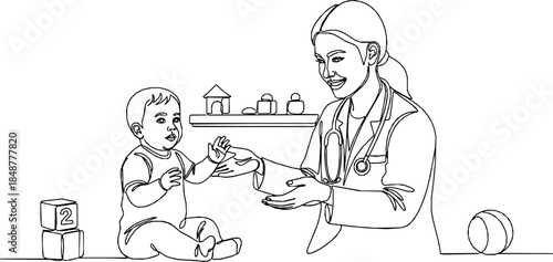 Mom with her young kid in continuous line art drawing style, Single continuous line drawing of young female pediatric doctor invited cute baby toddler patient to play and follow her instruction