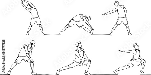 Man make stretching exercise continuous one line drawing. Hand drawn fitness concept, Activity performed to improve fitness, strength, or overall health. Sport theme design vector concept.