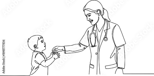 Mom with her young kid in continuous line art drawing style, Single continuous line drawing of young female pediatric doctor invited cute baby toddler patient to play and follow her instruction