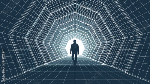 Man walking through futuristic tunnel with grid pattern walls