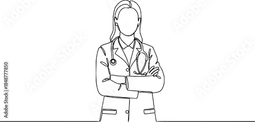 Single continuous line drawing a female doctor standing confidently with her arms crossed, One continuous line drawing female doctor with stethoscope.
