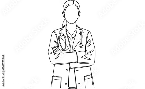 Single continuous line drawing a female doctor standing confidently with her arms crossed, One continuous line drawing female doctor with stethoscope.
