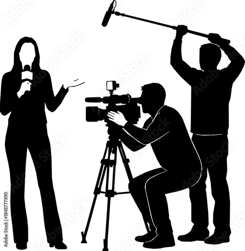Female videographer reporter television crew silhouette vector illustration
