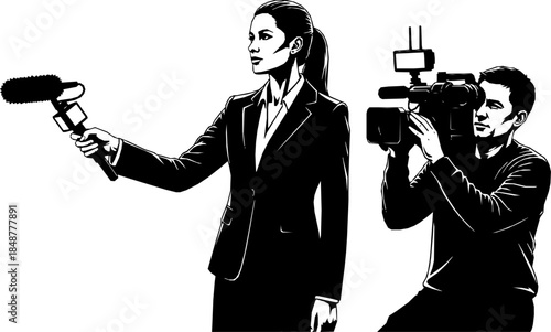 Female videographer reporter television crew silhouette vector illustration
