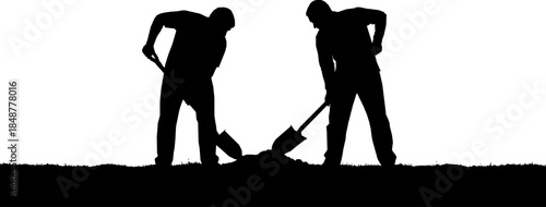 Two figures in silhouette digging with shovels on a white background
