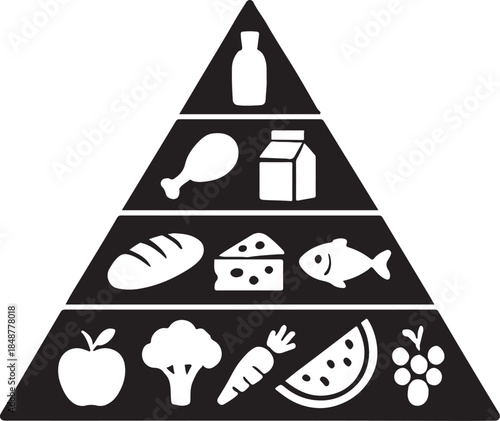Healthy food pyramid illustration showing balanced diet nutrition guide for wellness education and health